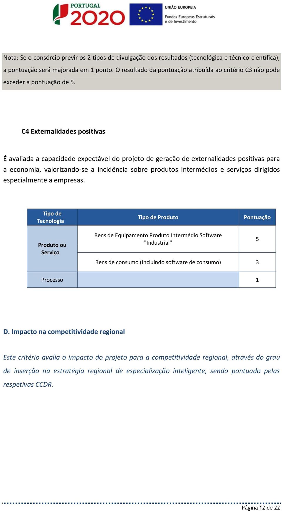 C4 Externalidades positivas É avaliada a capacidade expectável do projeto de geração de externalidades positivas para a economia, valorizando-se a incidência sobre produtos intermédios e serviços