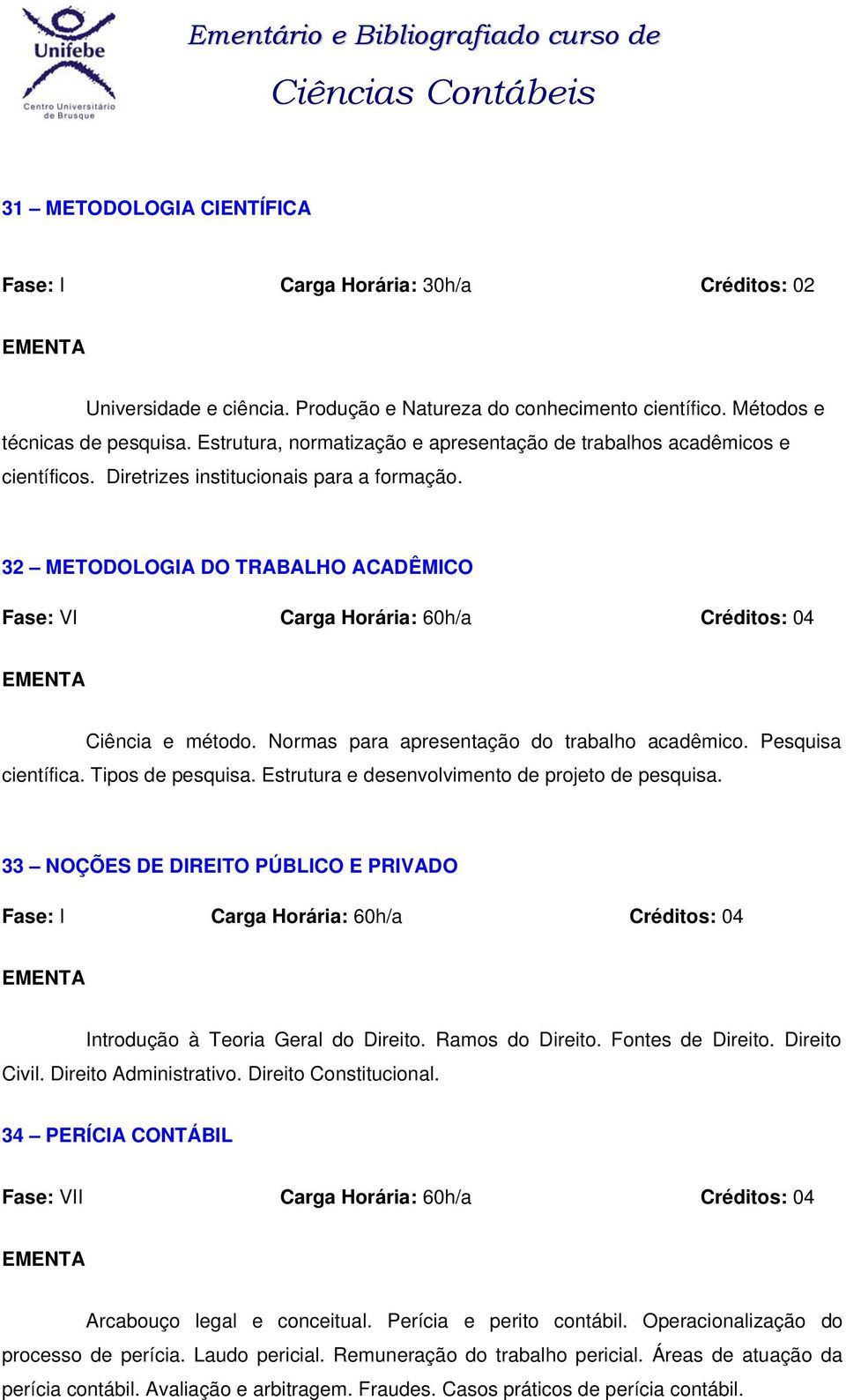 32 METODOLOGIA DO TRABALHO ACADÊMICO Fase: VI Carga Horária: 60h/a Créditos: 04 Ciência e método. Normas para apresentação do trabalho acadêmico. Pesquisa científica. Tipos de pesquisa.