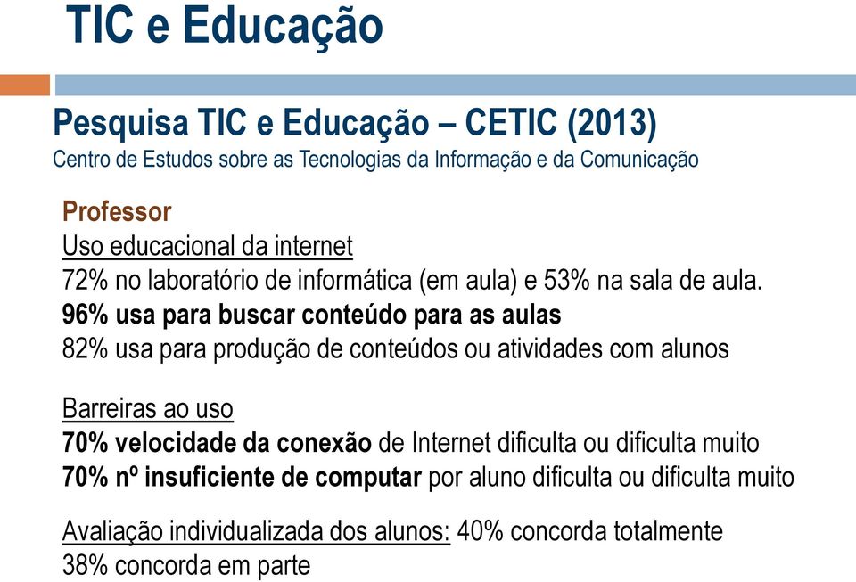 96% usa para buscar conteúdo para as aulas 82% usa para produção de conteúdos ou atividades com alunos Barreiras ao uso 70% velocidade da