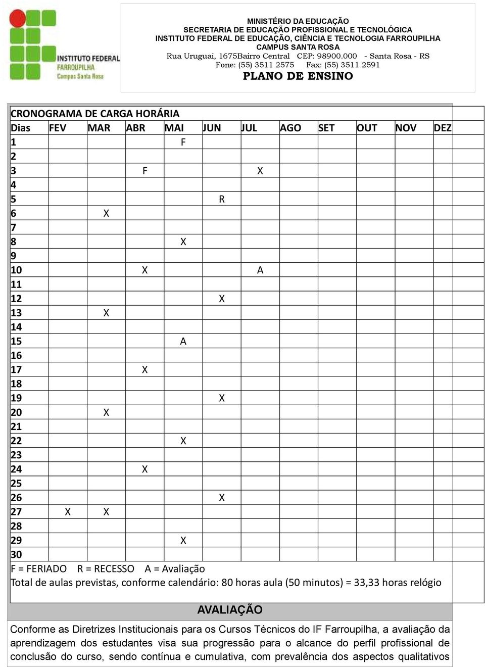 minutos) = 33,33 horas relógio AVALIAÇÃO Conforme as Diretrizes Institucionais para os Cursos Técnicos do IF Farroupilha, a avaliação da aprendizagem dos