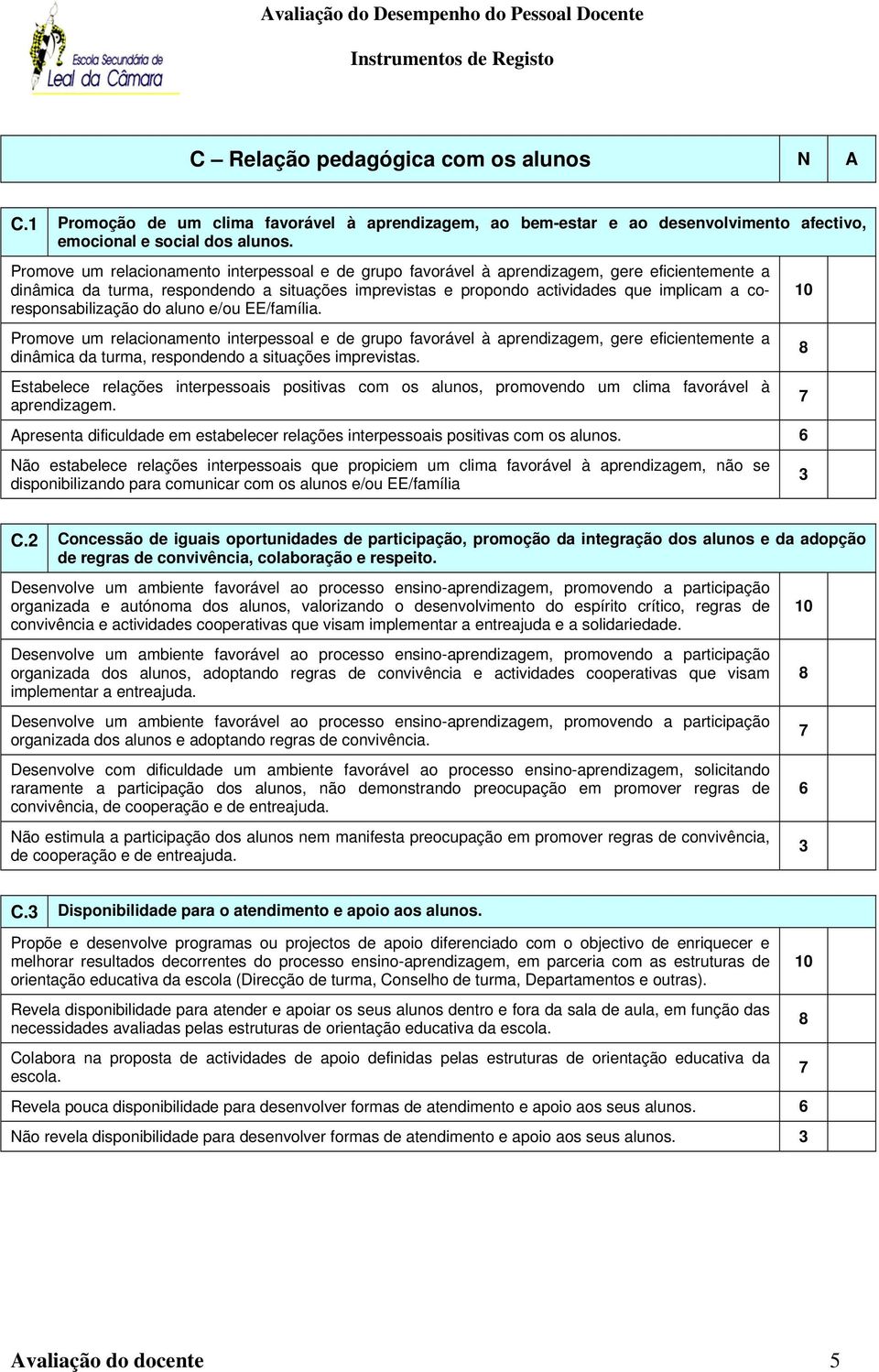 coresponsabilização do aluno e/ou EE/família. Promove um relacionamento interpessoal e de grupo favorável à aprendizagem, gere eficientemente a dinâmica da turma, respondendo a situações imprevistas.