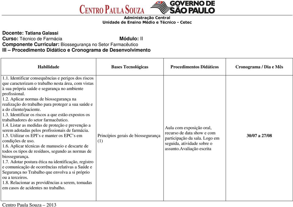 1. Identificar consequências e perigos dos riscos que caracterizam o trabalho nesta área, com vistas à sua própria saúde e segurança no ambiente profissional. 1.2.