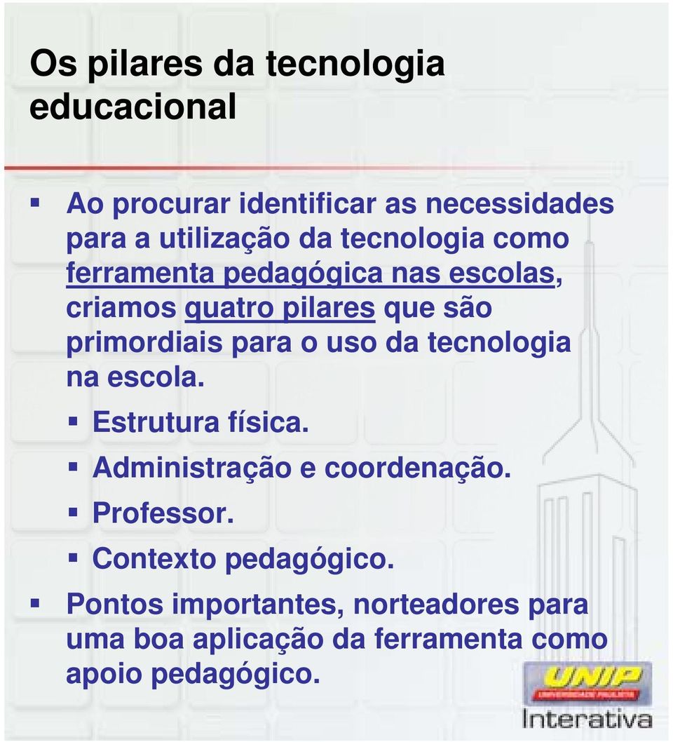 o uso da tecnologia na escola. Estrutura física. Administração e coordenação. Professor.