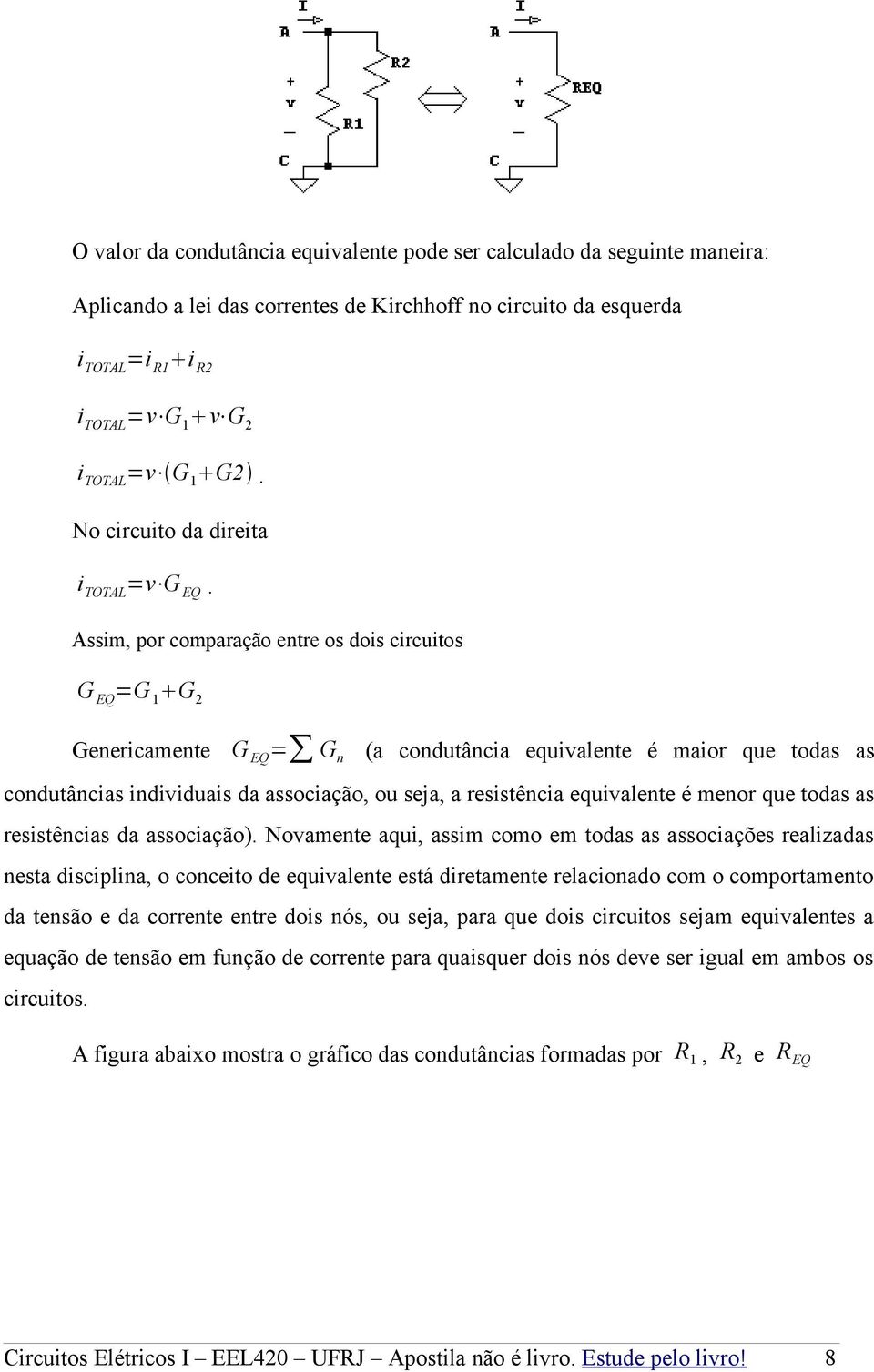 Assim, por comparação entre os dois circuitos G EQ =G 1 G 2 Genericamente G EQ = G n (a condutância equivalente é maior que todas as condutâncias individuais da associação, ou seja, a resistência