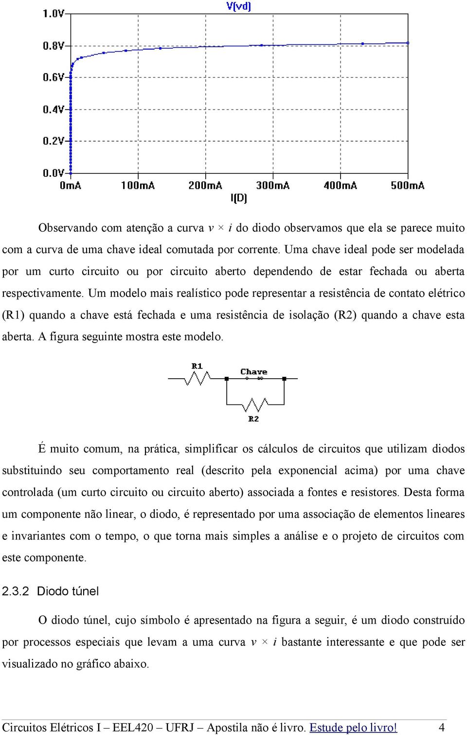 Um modelo mais realístico pode representar a resistência de contato elétrico (R1) quando a chave está fechada e uma resistência de isolação (R2) quando a chave esta aberta.