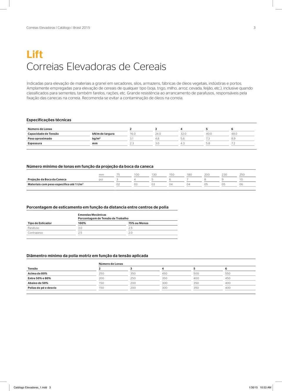 Grande resistência ao arrancamento de parafusos, responsáveis pela fixação das canecas na correia. Recomenda-se evitar a contaminação de óleos na correia.