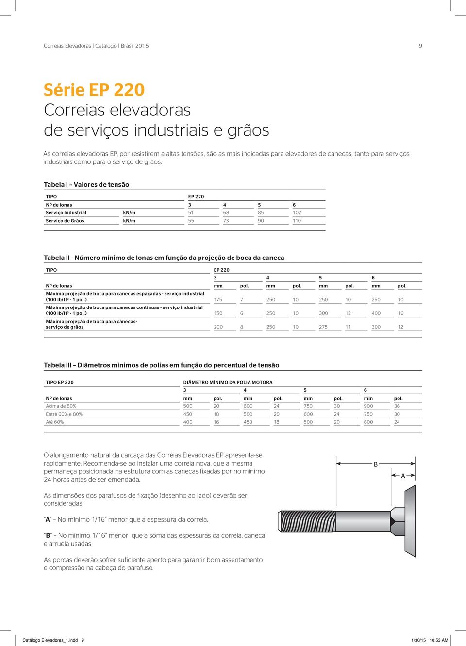 Tabela l Valores de tensão TIPO EP 220 Nº de lonas 3 4 5 6 Serviço Industrial kn/m 51 68 85 102 Serviço de Grãos kn/m 55 73 90 110 Tabela ll - Número mínimo de lonas em função da projeção de boca da