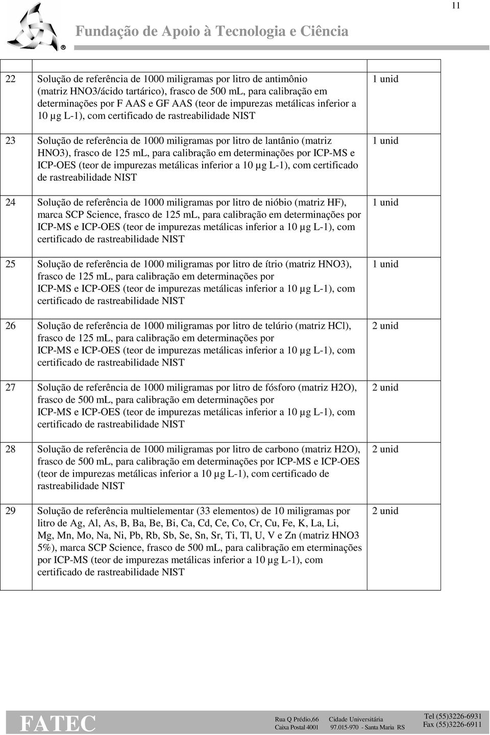 ICP-MS e ICP-OES (teor de impurezas metálicas inferior a 10 µg L-1), com certificado de rastreabilidade NIST 24 Solução de referência de 1000 miligramas por litro de nióbio (matriz HF), marca SCP