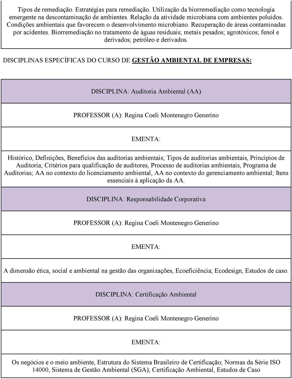 Biorremediação no tratamento de águas residuais; metais pesados; agrotóxicos; fenol e derivados; petróleo e derivados.