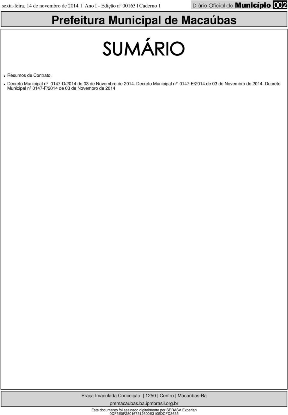 Decreto Municipal nº 0147-D/2014 de 03 de Novembro de 2014.