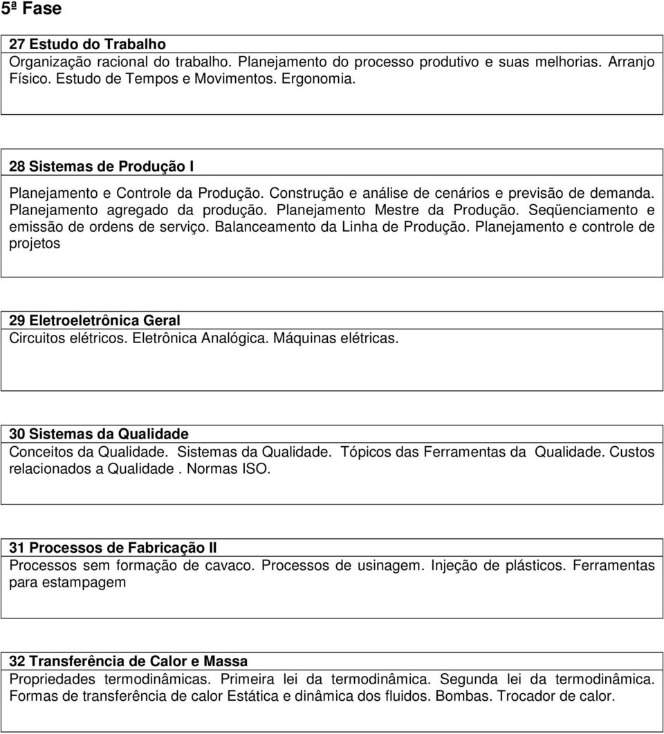 Seqüenciamento e emissão de ordens de serviço. Balanceamento da Linha de Produção. Planejamento e controle de projetos 29 Eletroeletrônica Geral Circuitos elétricos. Eletrônica Analógica.