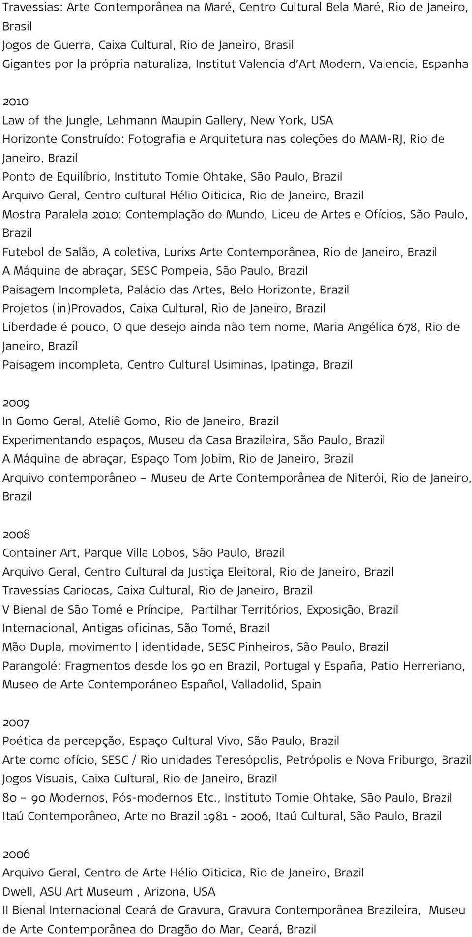 Equilíbrio, Instituto Tomie Ohtake, São Paulo, Arquivo Geral, Centro cultural Hélio Oiticica, Rio de Janeiro, Mostra Paralela 2010: Contemplação do Mundo, Liceu de Artes e Ofícios, São Paulo, Futebol