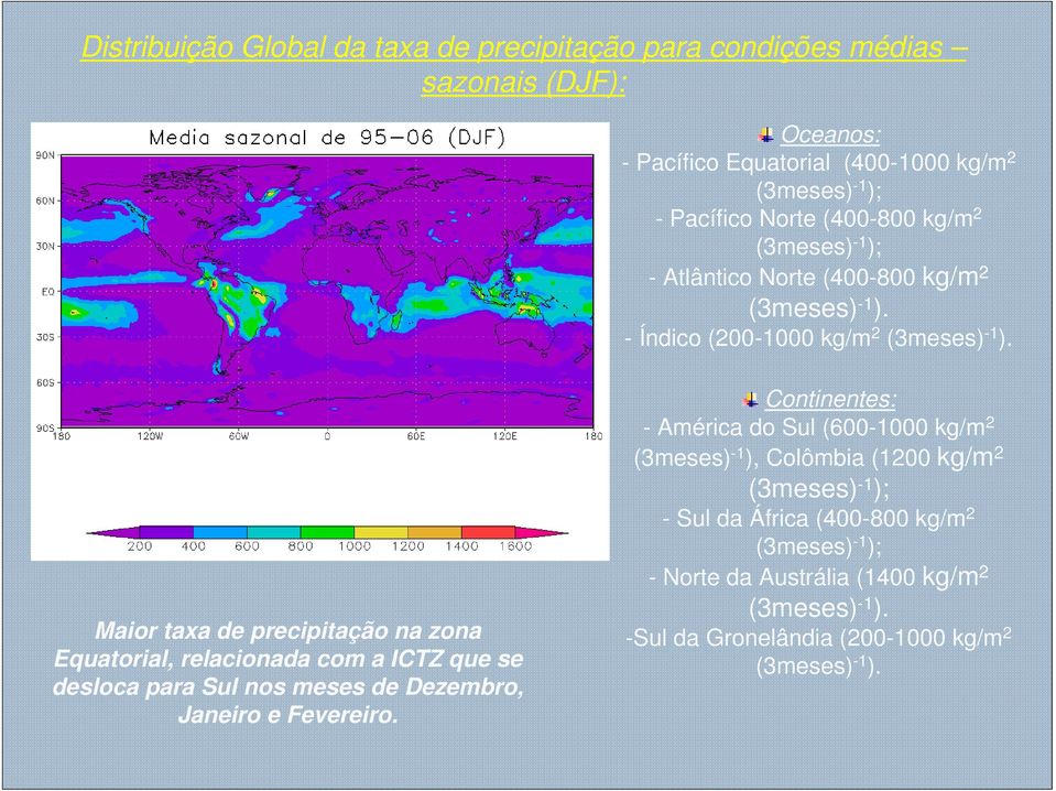 Maior taxa de precipitação na zona Equatorial, relacionada com a ICTZ que se desloca para Sul nos meses de Dezembro, Janeiro e Fevereiro.