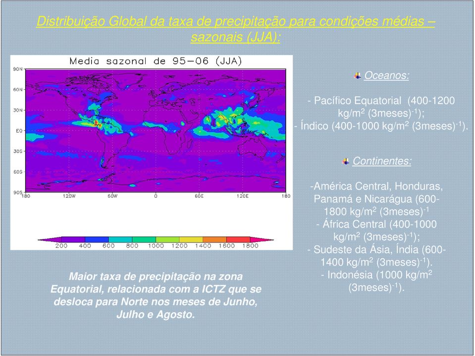 Continentes: Maior taxa de precipitação na zona Equatorial, relacionada com a ICTZ que se desloca para Norte nos meses de Junho, Julho e