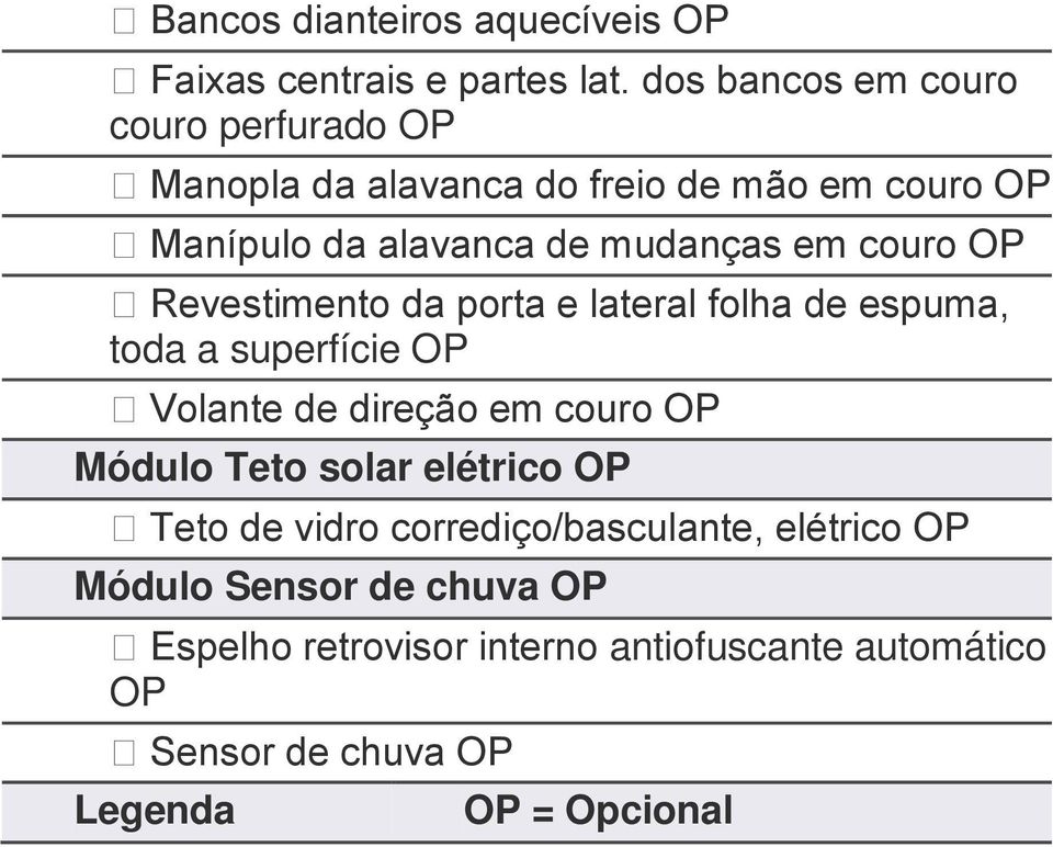 couro OP Revestimento da porta e lateral folha de espuma, toda a superfície OP Volante de direção em couro OP Módulo Teto