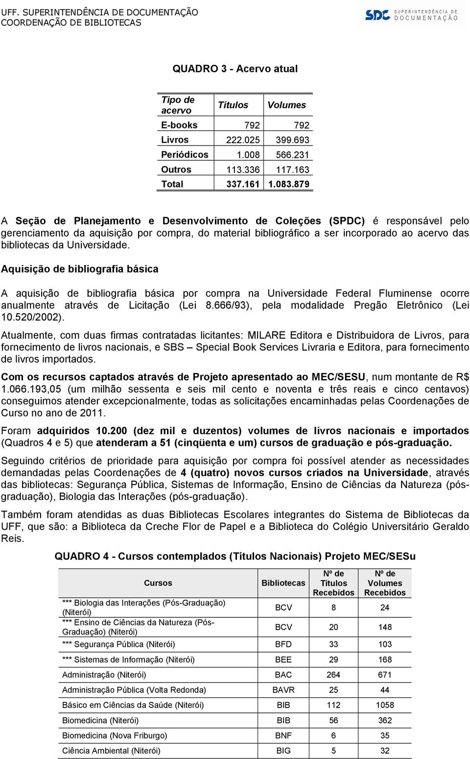 Universidade. Aquisição de bibliografia básica A aquisição de bibliografia básica por compra na Universidade Federal Fluminense ocorre anualmente através de Licitação (Lei 8.