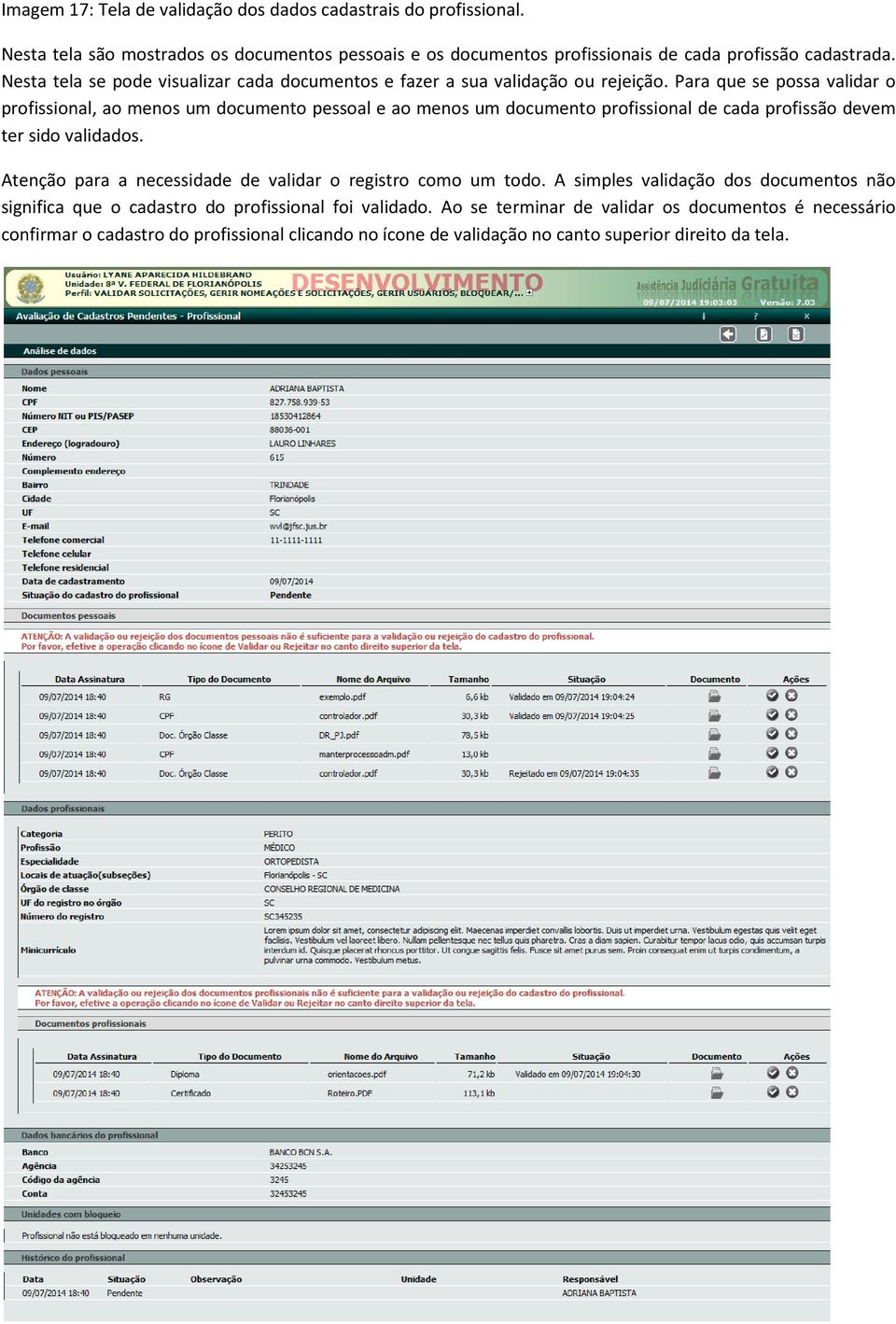 Para que se possa validar o profissional, ao menos um documento pessoal e ao menos um documento profissional de cada profissão devem ter sido validados.