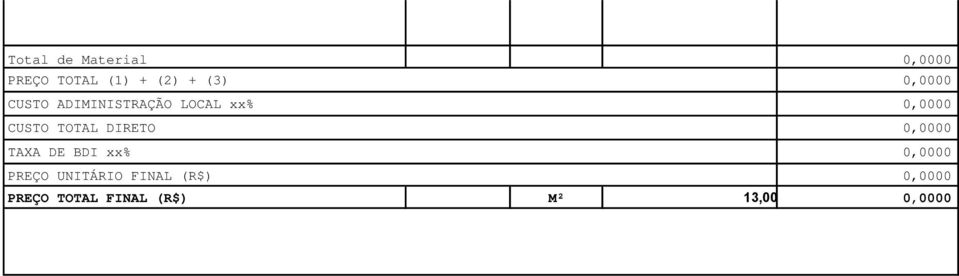 TOTAL DIRETO 0,0000 TAXA DE BDI xx% 0,0000 PREÇO