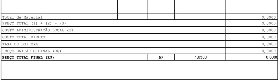 TOTAL DIRETO 0,0000 TAXA DE BDI xx% 0,0000 PREÇO