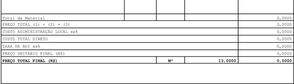 TOTAL DIRETO 0,0000 TAXA DE BDI xx% 0,0000 PREÇO