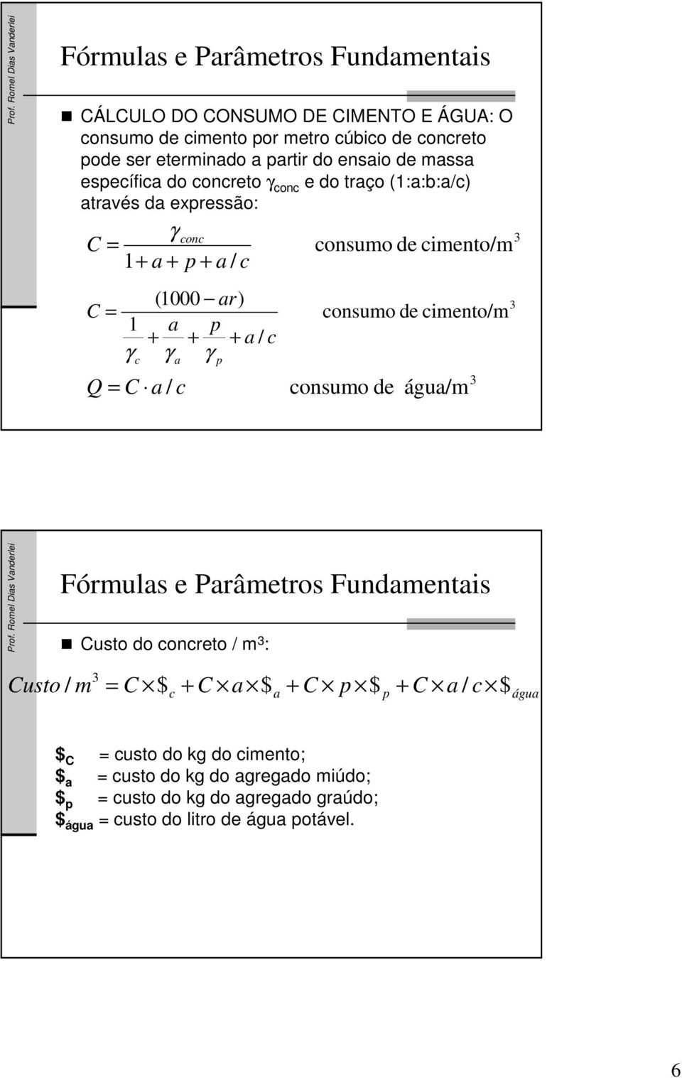 3 consumo de cimento/m 3 consumo de cimento/m consumo de 3 água/m Custo do concreto / m 3 : 3 Custo / m = C $ + C a $ + C p $ + C a / c $ c a p