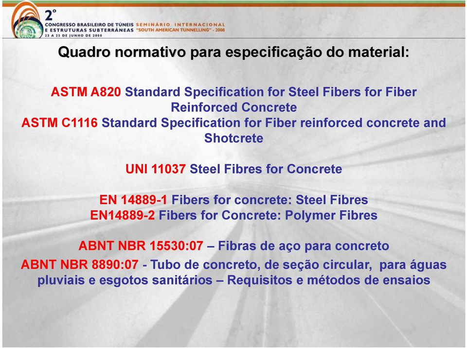 14889-1 Fibers for concrete: Steel Fibres EN14889-2 Fibers for Concrete: Polymer Fibres ABNT NBR 15530:07 Fibras de aço para