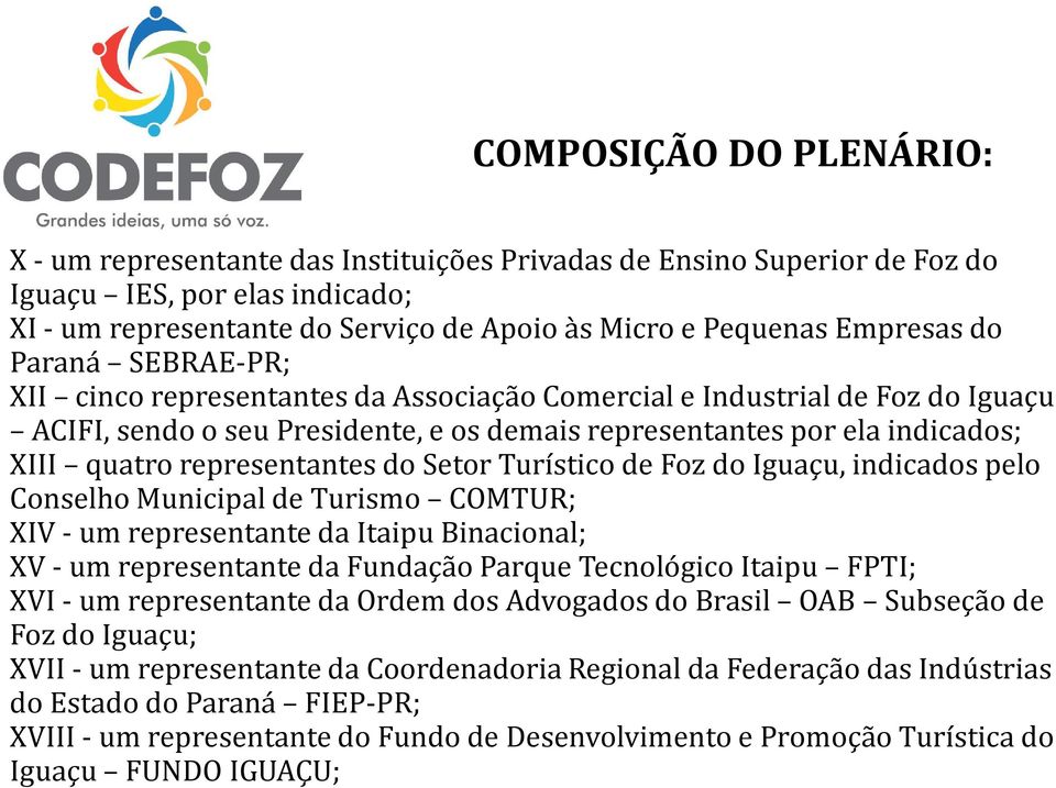 representantes do Setor Turístico de Foz do Iguaçu, indicados pelo Conselho Municipal de Turismo COMTUR; XIV - um representante da Itaipu Binacional; XV - um representante da Fundação Parque