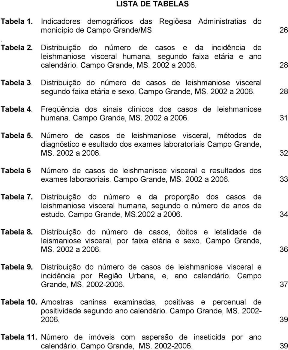 Distribuição do número de casos de leishmaniose visceral segundo faixa etária e sexo. Campo Grande, MS. 2002 a 2006. 28 Tabela 4. Tabela 5. Tabela 6 Tabela 7. Tabela 8. Tabela 9.
