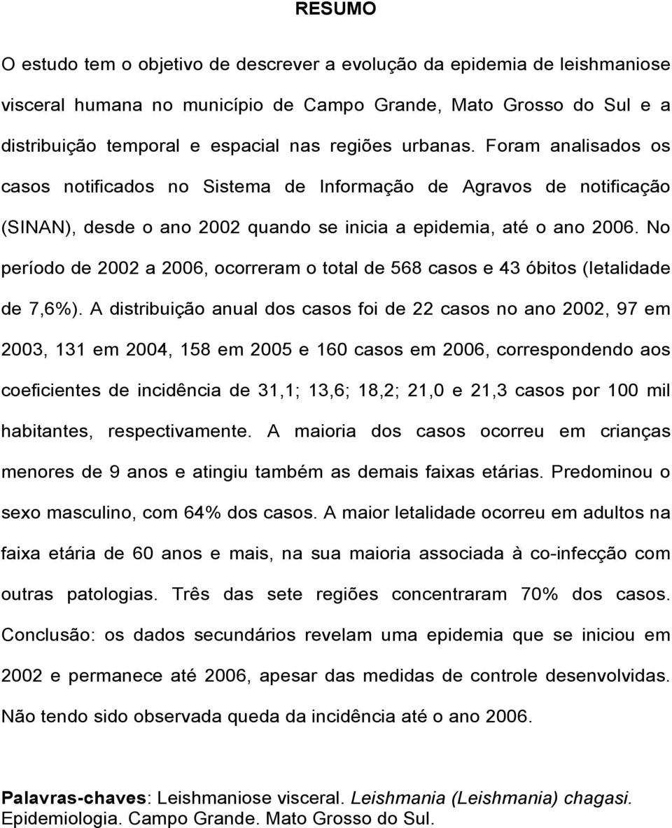 No período de 2002 a 2006, ocorreram o total de 568 casos e 43 óbitos (Ietalidade de 7,6%).