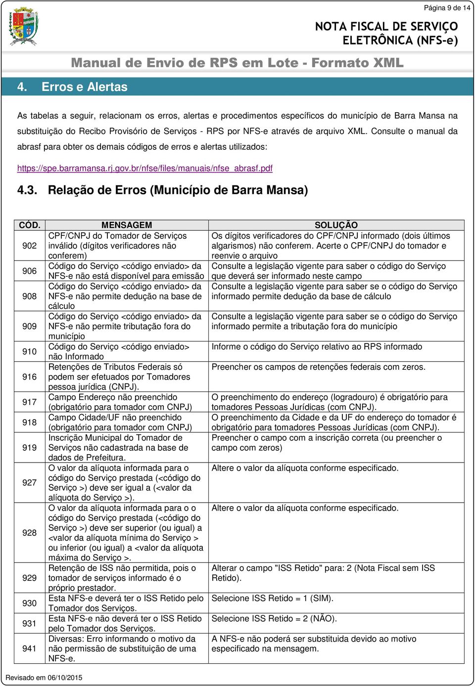 arquivo XML. Consulte o manual da abrasf para obter os demais códigos de erros e alertas utilizados: https://spe.barramansa.rj.gov.br/nfse/files/manuais/nfse_abrasf.pdf 4.3.