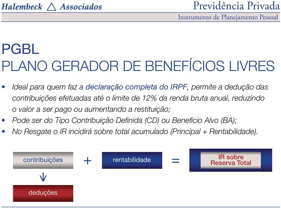 aumentando a restituição; Pode ser do Tipo Contribuição Definida (CD) ou Benefício Alvo (BA); No Resgate o IR