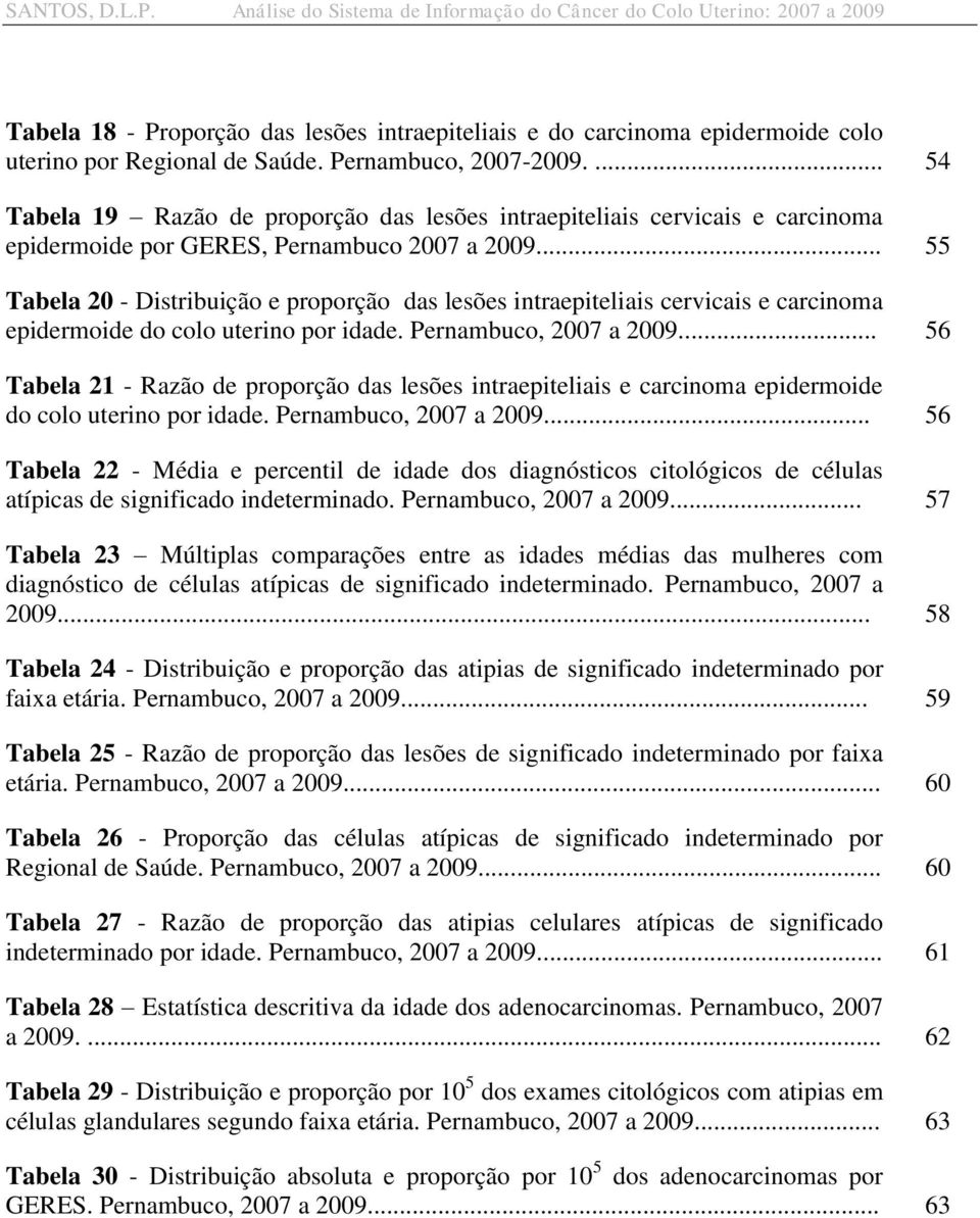 .. 55 Tabela 20 - Distribuição e proporção das lesões intraepiteliais cervicais e carcinoma epidermoide do colo uterino por idade. Pernambuco, 2007 a 2009.