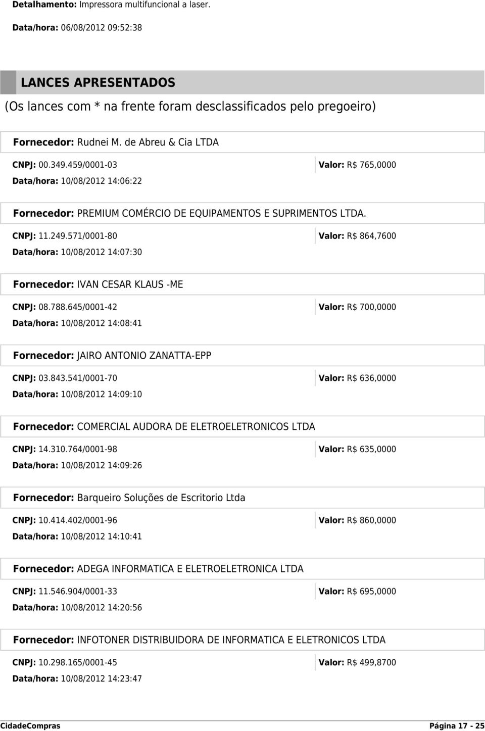 571/0001-80 Valor: R$ 864,7600 Data/hora: 10/08/2012 14:07:30 Fornecedor: IVAN CESAR KLAUS -ME CNPJ: 08.788.