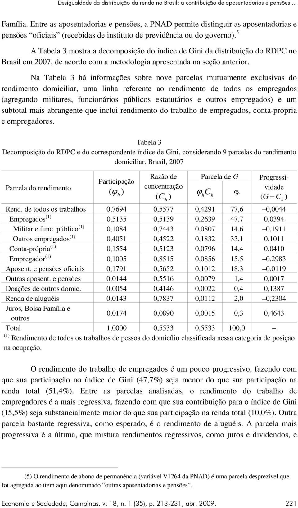 5 A Tabela 3 mostra a decomposção do índce de Gn da dstrbução do RDPC no Brasl em 2007, de acordo com a metodologa apresentada na seção anteror.
