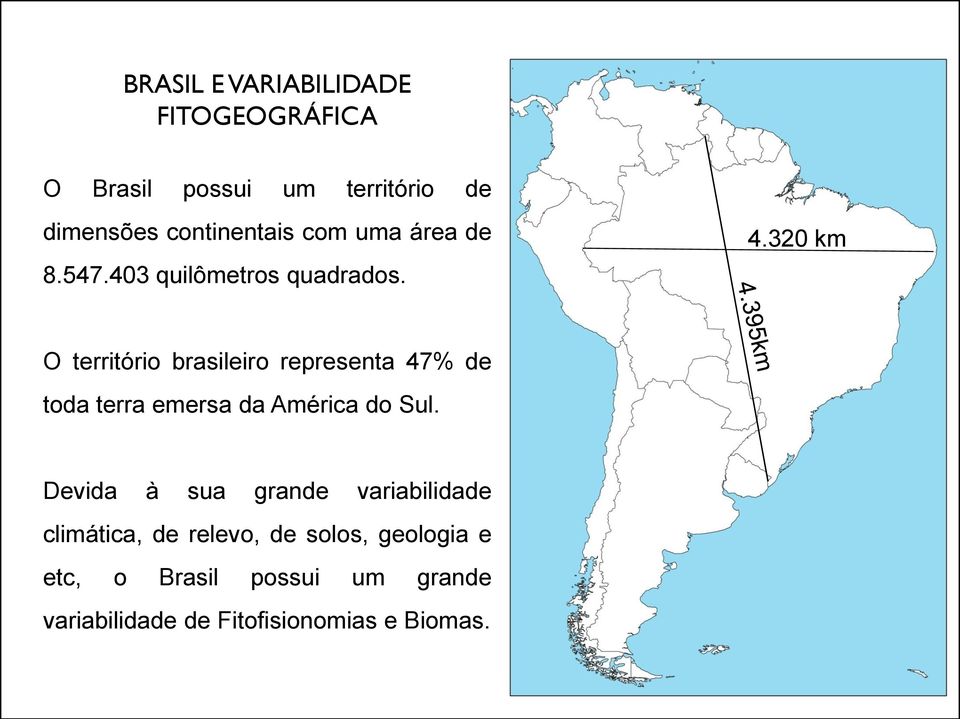 320 km O território brasileiro representa 47% de toda terra emersa da América do Sul.