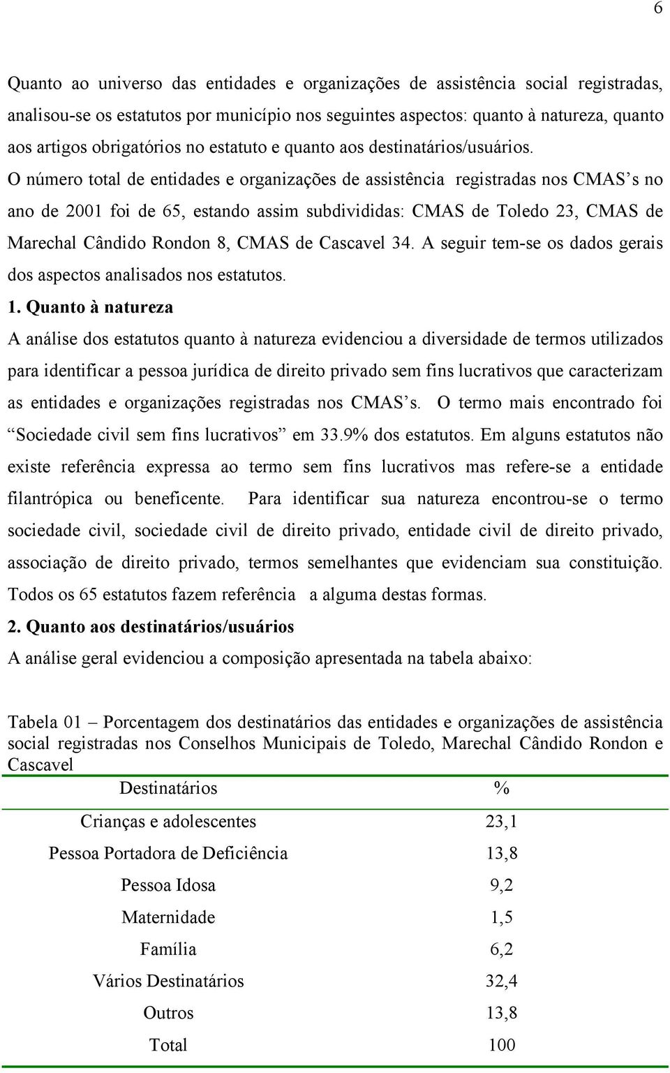 O número total de entidades e organizações de assistência registradas nos CMAS s no ano de 2001 foi de 65, estando assim subdivididas: CMAS de Toledo 23, CMAS de Marechal Cândido Rondon 8, CMAS de