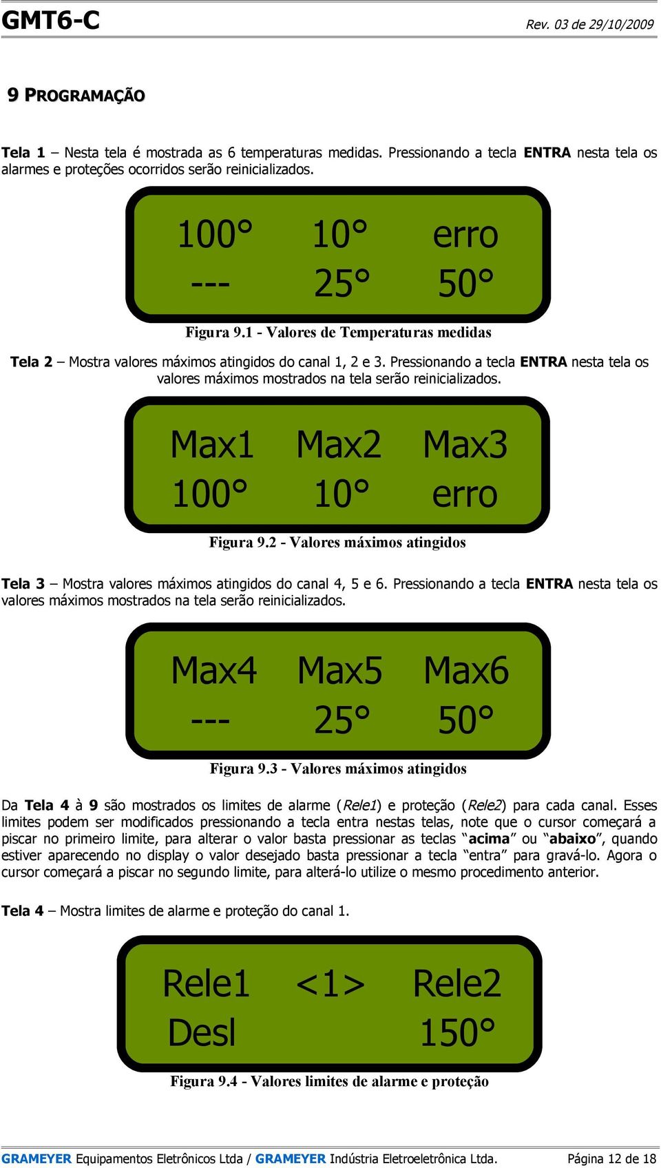 Max1 Max2 Max3 100 10 erro Figura 9.2 - Valores máximos atingidos Tela 3 Mostra valores máximos atingidos do canal 4, 5 e 6.