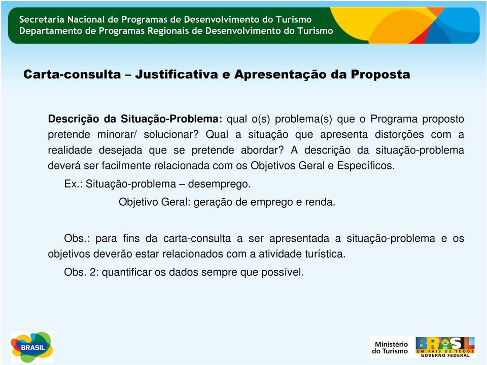 A descrição da situação-problema deverá ser facilmente relacionada com os Objetivos Geral e Específicos. Ex.: Situação-problema desemprego.