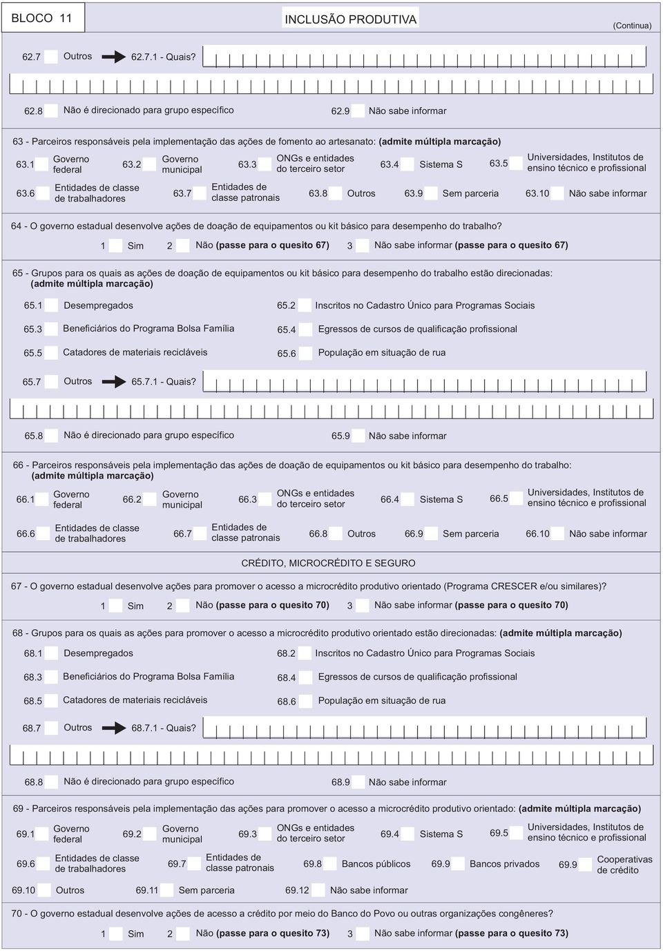 1 Sim 2 Não (passe para o quesito 67) 3 Não sabe informar (passe para o quesito 67) 65 - Grupos para os quais as ações de doação de equipamentos ou kit básico para desempenho do trabalho estão