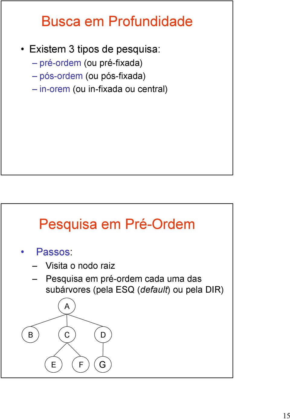 central) Pesquisa em Pré-Ordem Passos: Visita o nodo raiz