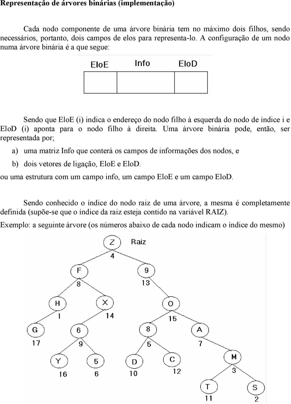 Uma árvore binária pode, então, ser representada por; a) uma matriz Info que conterá os campos de informações dos nodos, e b) dois vetores de ligação, EloE e EloD.