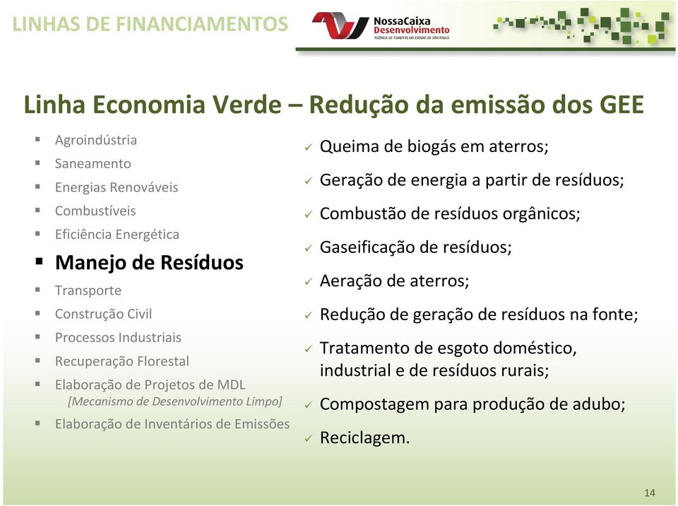 Emissões Queima de biogás em aterros; Geração de energia a partir de resíduos; Combustão de resíduos orgânicos; Gaseificação de resíduos; Aeração de aterros;