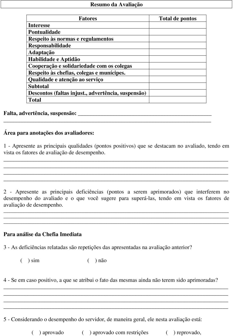 , advertência, suspensão) Total Total de pontos Falta, advertência, suspensão: Área para anotações dos avaliadores: 1 - Apresente as principais qualidades (pontos positivos) que se destacam no