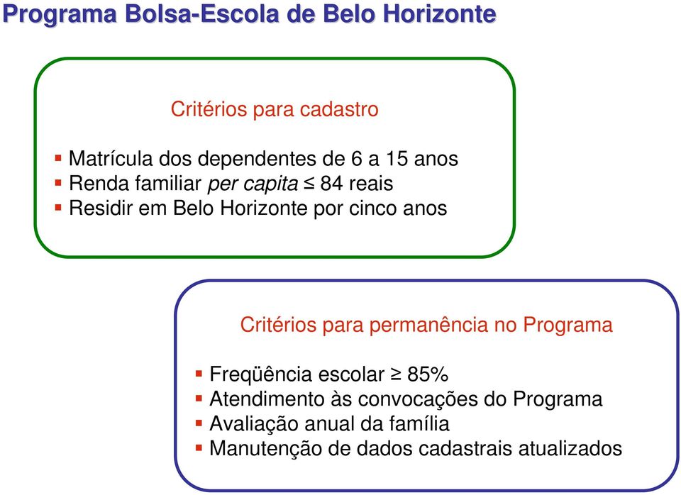 por cinco anos Critérios para permanência no Programa Freqüência escolar 85%