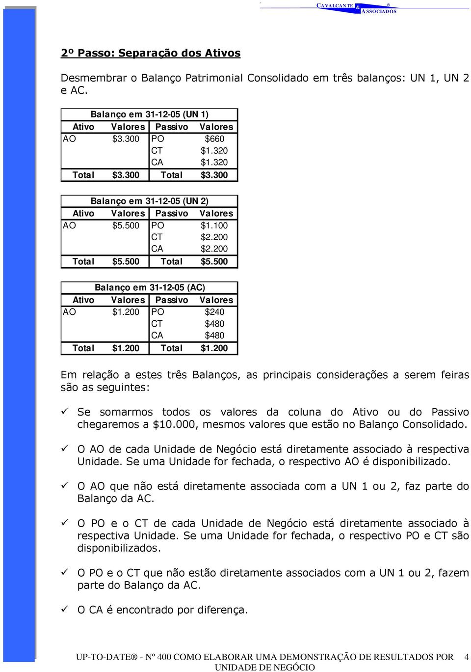 200 Em relação a estes três Balanços, as principais considerações a serem feiras são as seguintes: Se somarmos todos os valores da coluna do Ativo ou do Passivo chegaremos a $10.