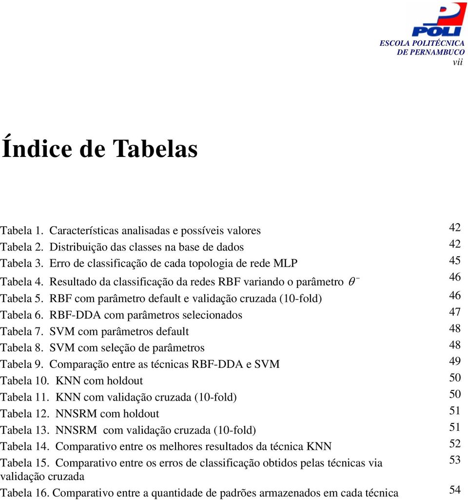 RBF com parâmetro default e validação cruzada (10-fold) 46 Tabela 6. RBF-DDA com parâmetros selecionados 47 Tabela 7. SVM com parâmetros default 48 Tabela 8. SVM com seleção de parâmetros 48 Tabela 9.