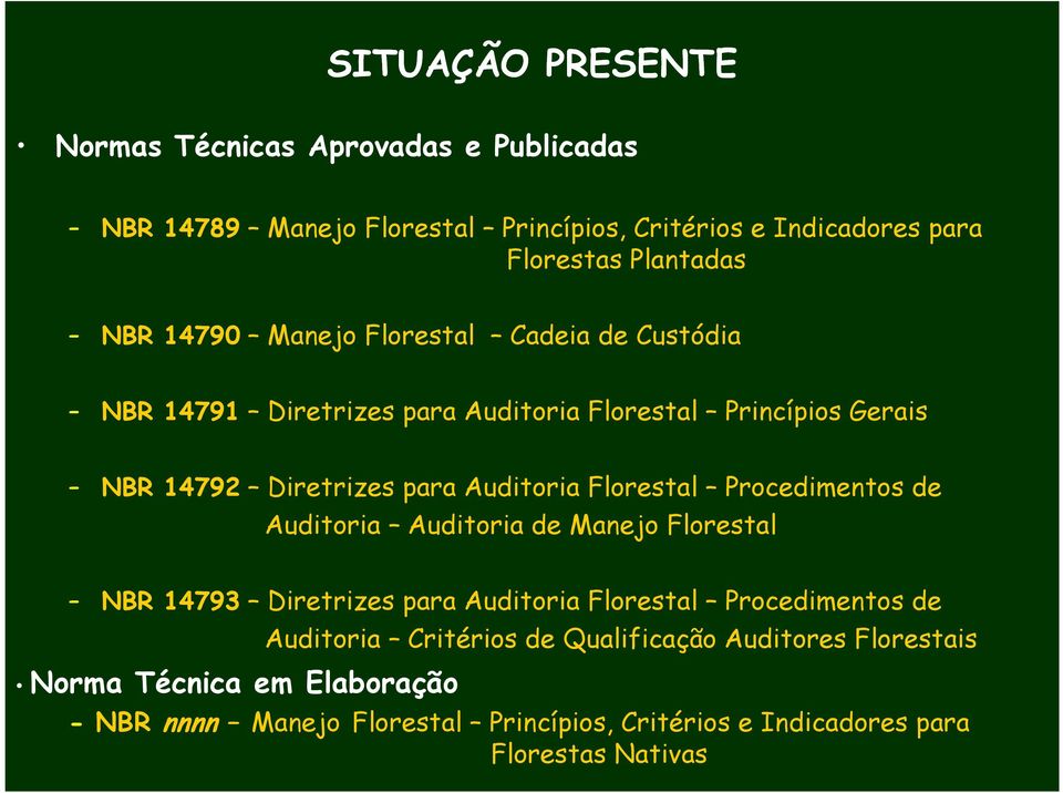 Florestal Procedimentos de Auditoria Auditoria de Manejo Florestal NBR 14793 Diretrizes para Auditoria Florestal Procedimentos de Norma Técnica em
