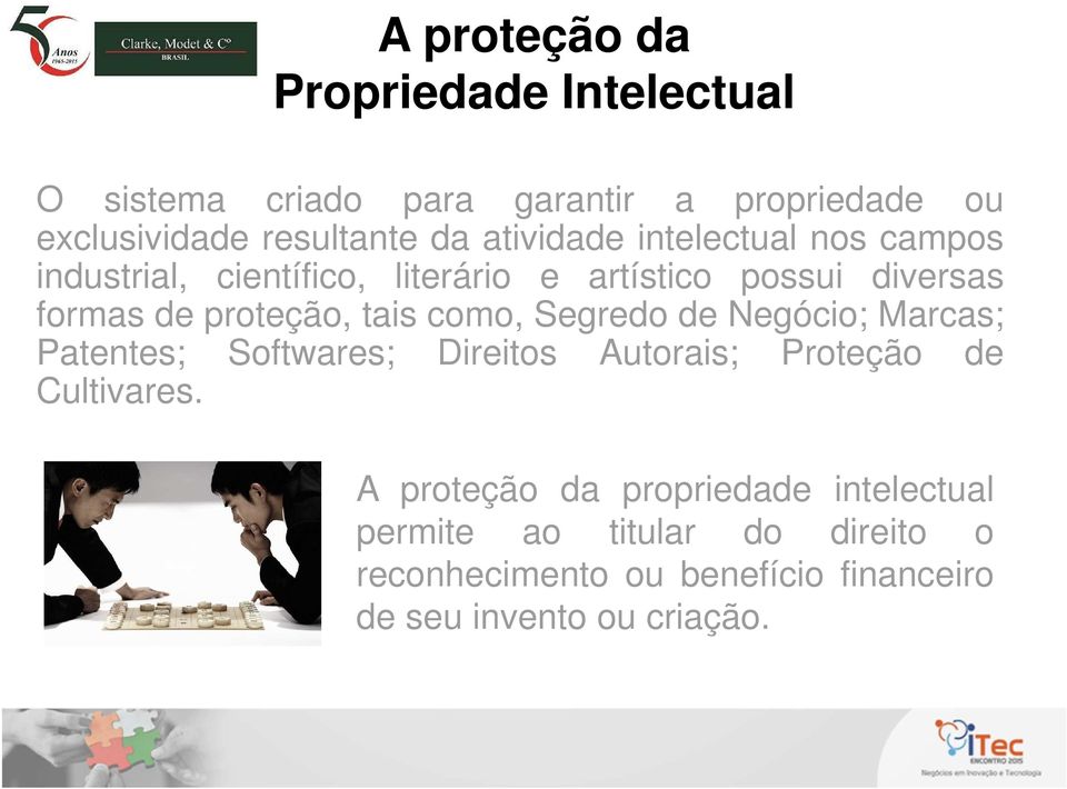 tais como, Segredo de Negócio; Marcas; Patentes; Softwares; Direitos Autorais; Proteção de Cultivares.