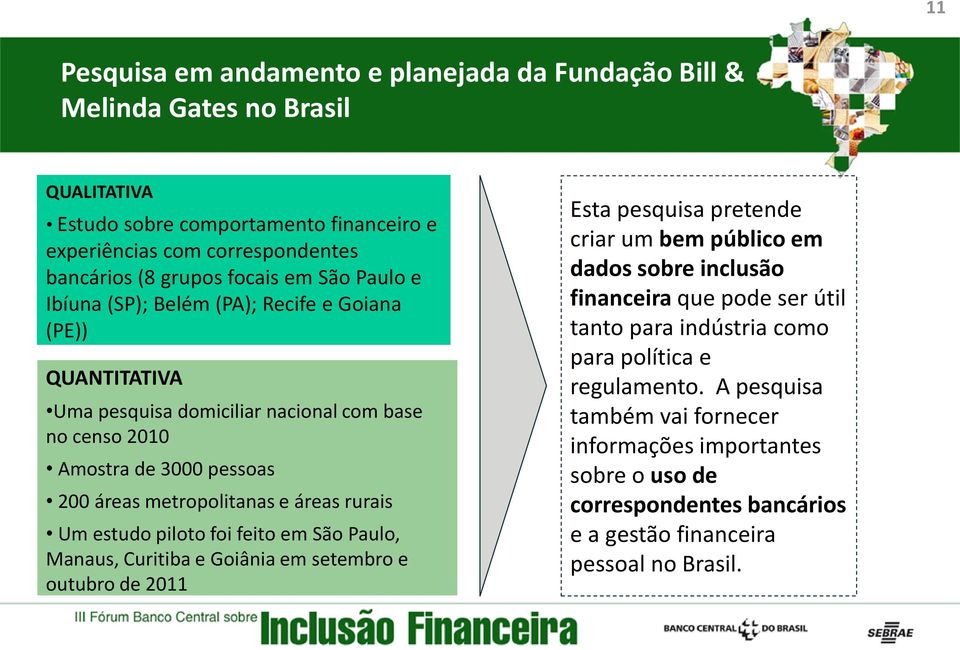 rurais Um estudo piloto foi feito em São Paulo, Manaus, Curitiba e Goiânia em setembro e outubro de 2011 Esta pesquisa pretende criar um bem público em dados sobre inclusão financeira que pode