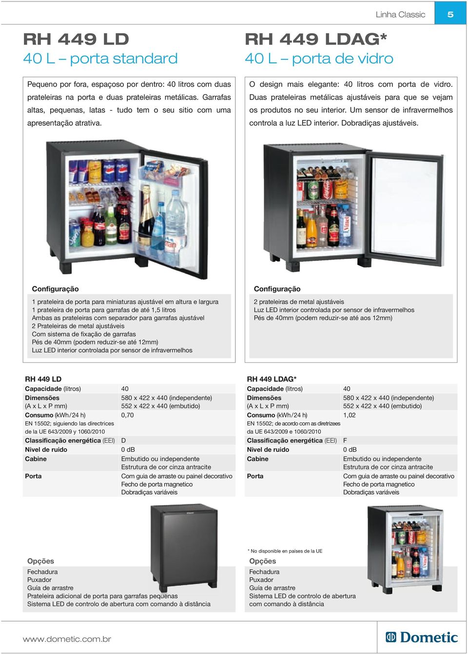 Duas prateleiras metálicas ajustáveis para que se vejam os produtos no seu interior. Um sensor de infravermelhos controla a luz LED interior. Dobradiças ajustáveis.